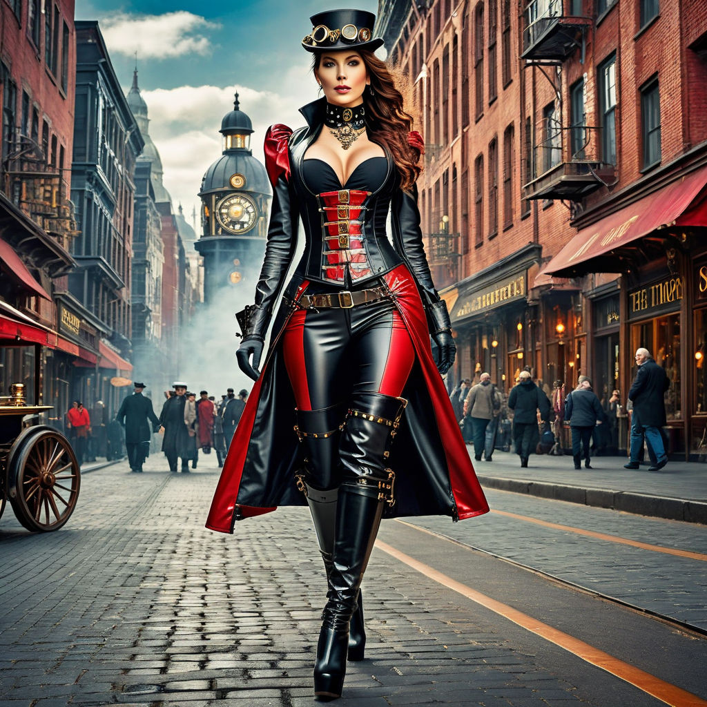 ultra sharp background ran street by night ) ultra thight corset and ultra  thight corset skirt latex ultra high neck corset ultra high heel boots see  from back light red leather