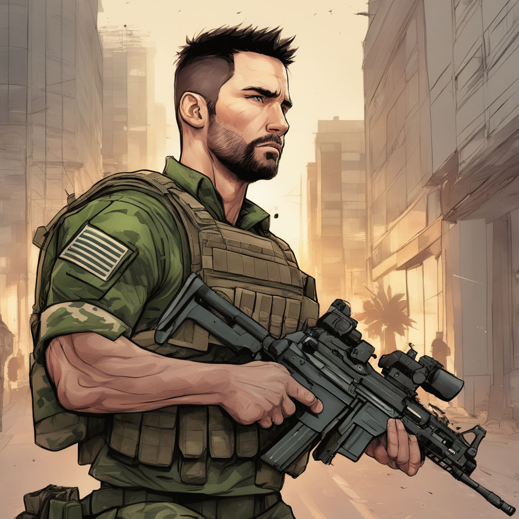 Man with dark medium hair cyberpunk mercenary streetwear muscular soldier  fighter tactical face portrait