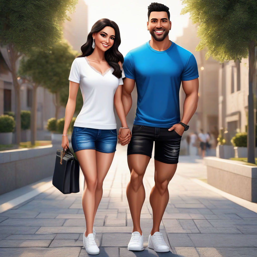 Photorealistic female/skinny male couple walking together. Huge muscle  girl. Muscular girlfriend. wearing t-shirt and jeans. Female bodybuilder.  Enormous bulging breasts. Massive breasts. Perfect full round breasts.  Massive muscles. Huge biceps. Smile 