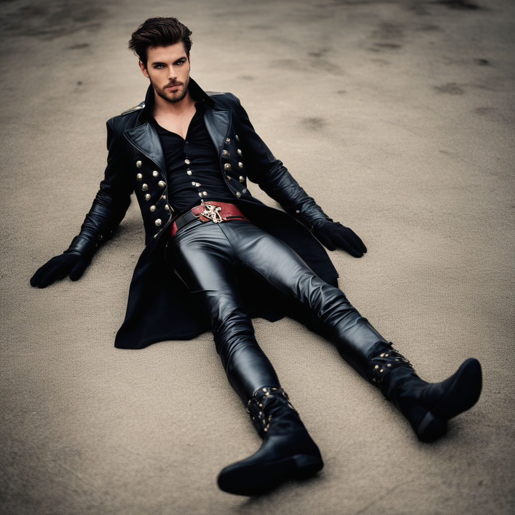 he wears black leather pants and high-heeled black boots - Playground