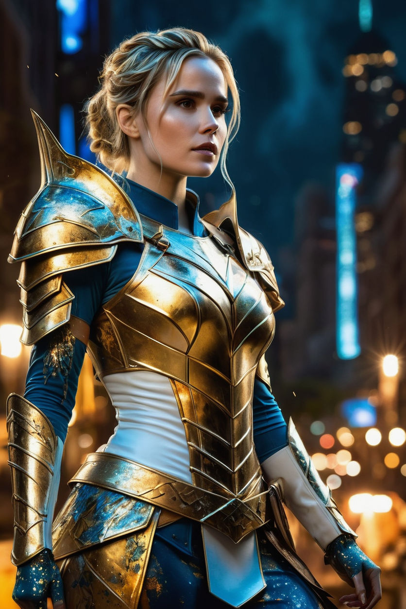 light blue and brass armor on her body and arms - Playground