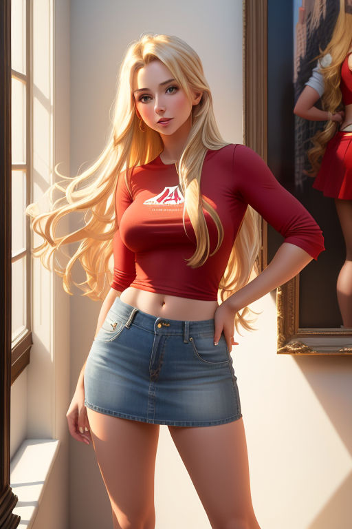 big waist and big ass. super realistic fleshy mouth wearing a short pleated  skirt and a tight-fitting t-shirt. ultra realistic - Playground