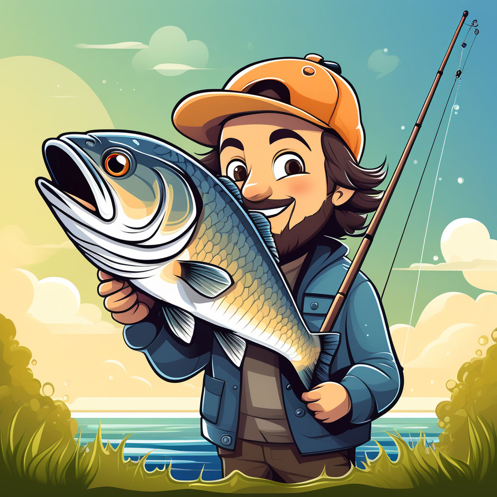 Premium Vector  Happy smiling sitting fisherman character pull big huge  enormous fish on fishing pole hook bite from lake. design