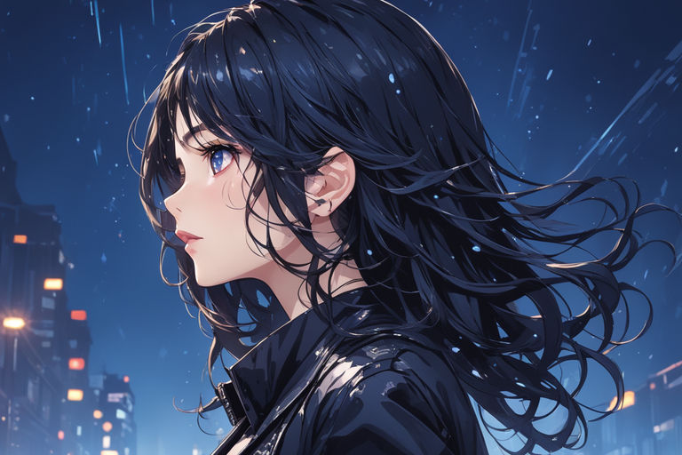 Deep dark blue haired wave anime woman with deep blue eyes - Playground