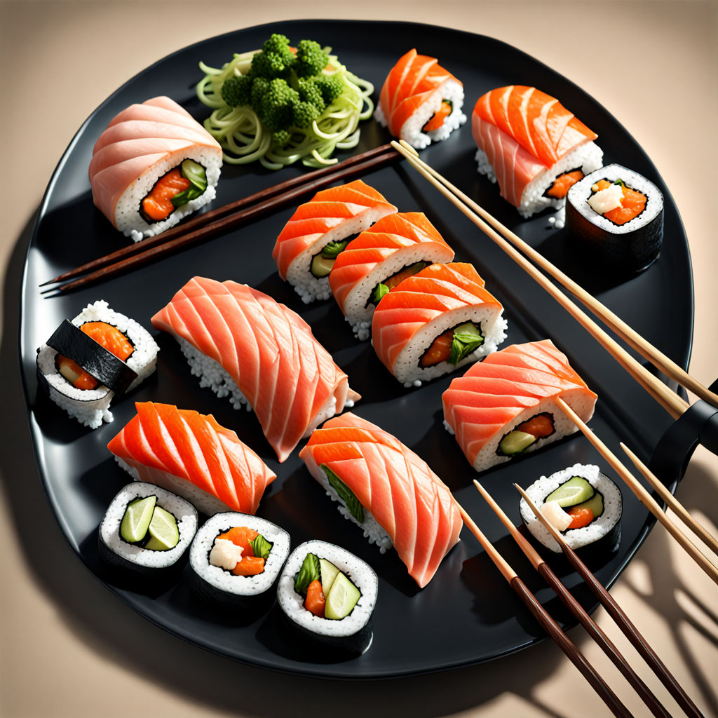 a photo of a sushi with salmon on a wooden tray - Playground