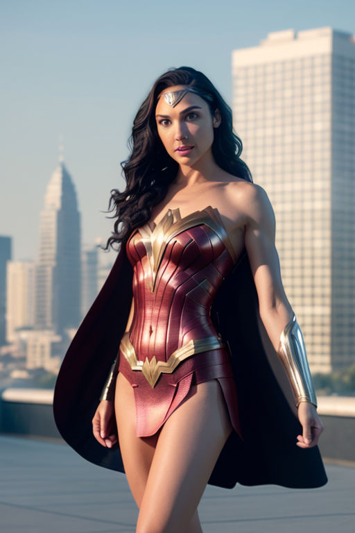 Prompt: Full Body. Gal Gadot. Sexy , far out, long hair,vista - beautiful --ar 9:16, perfect body,, perfect face, detailed urban background, standing with a handsome , build body, handsome face, romantic pose,ultra detailed, full frame, wide angle, 3D image, 63k resolution, volumetric lighting, octane render., unreal engine. Style: Photography 50mm, Aperture F 2.5