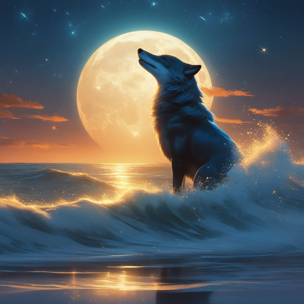 wolf sitting howling at full moon