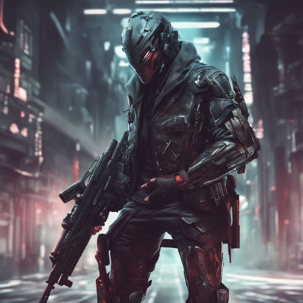 Man with dark medium hair cyberpunk mercenary streetwear muscular soldier  fighter