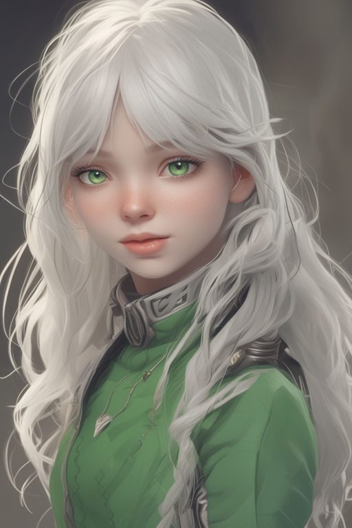 anime girl with white hair and green eyes