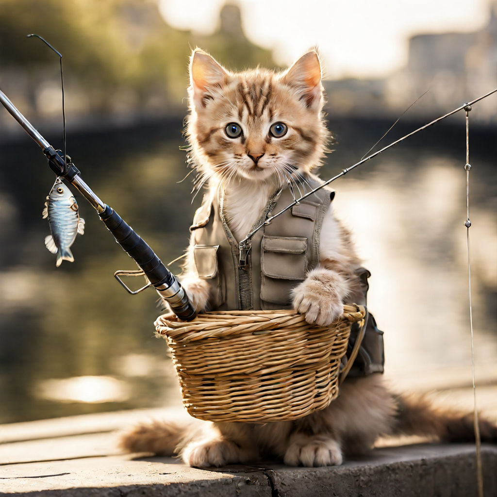 A cat is trying to fish with a rod and line. The bait? A tiny crocheted fish.  The cat thinks it's the real deal and excitedly tries to reel it in. 