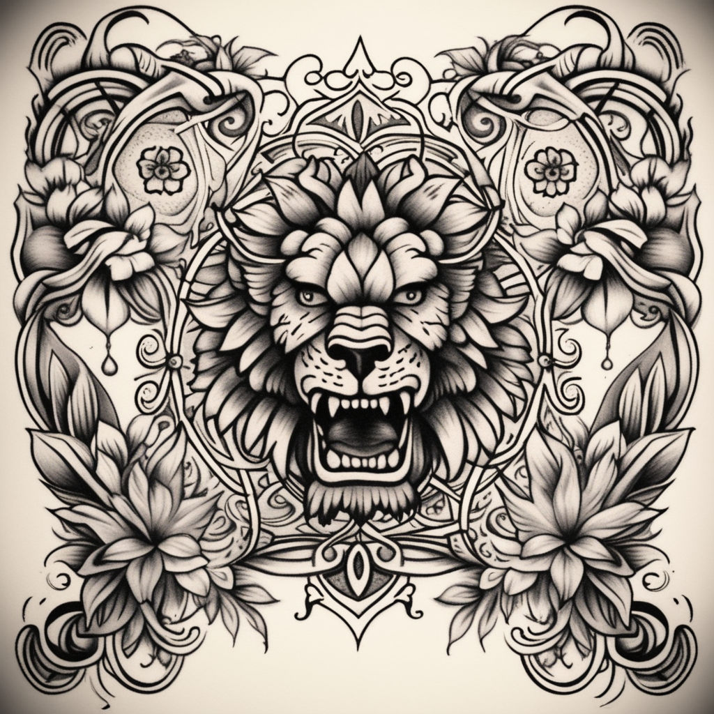 Realistic style lion with some flowers.