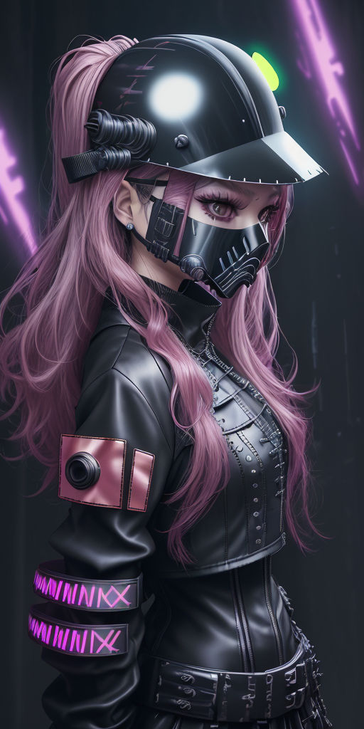 20 years old long hair women wearing Tech wear with cyberware mask -  Playground