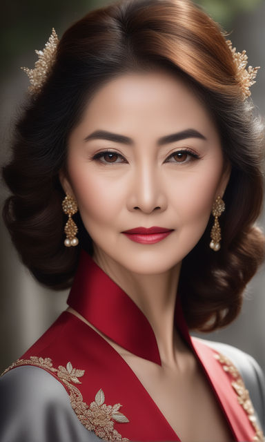 Close-up portrait photography. an asian mature woman with black