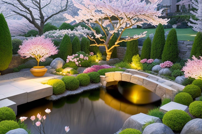 japanese water garden with cherry blossoms