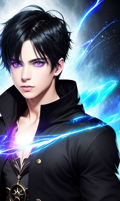 anime boy with black hair and purple eyes