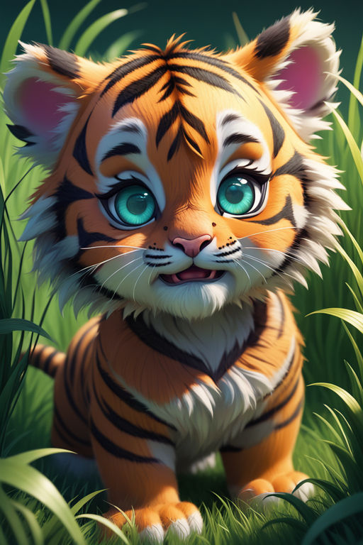 adorable cutie baby tiger with huge eyes acrtoon, hyperealistic, kawaii,  watercolor, savanah background - AI Generated Artwork - NightCafe Creator