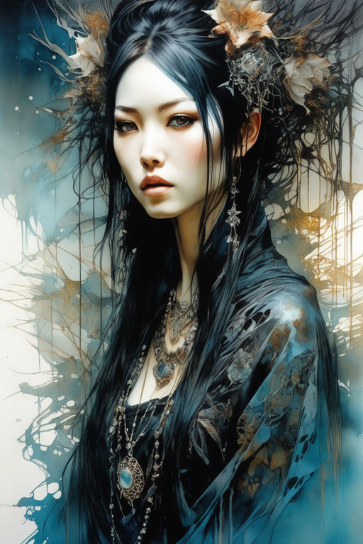 gorgeous chinese girl in tattoos, by luis royo, in