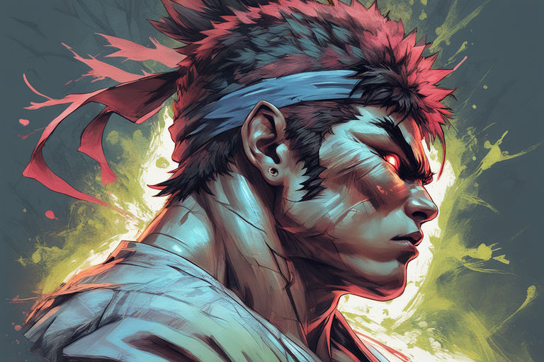 Premium Free ai Images  ryu street fighter character detailed portrait  fight blood scream blue energy blast full body background old style japan  house fire