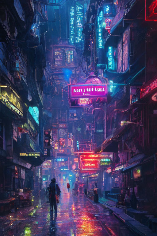 assassins , AI art, cyberpunk, city, neon, alleyway, city lights