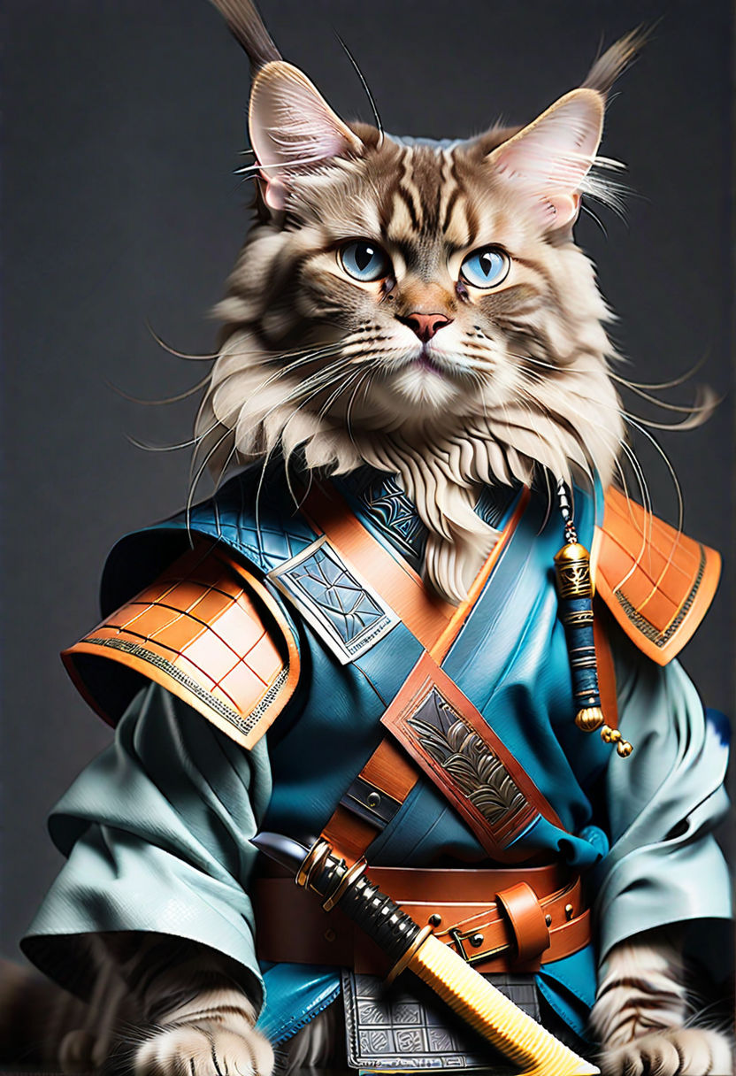 Poster Anime de Gato Samurai do Estilo Japonês Kawaii