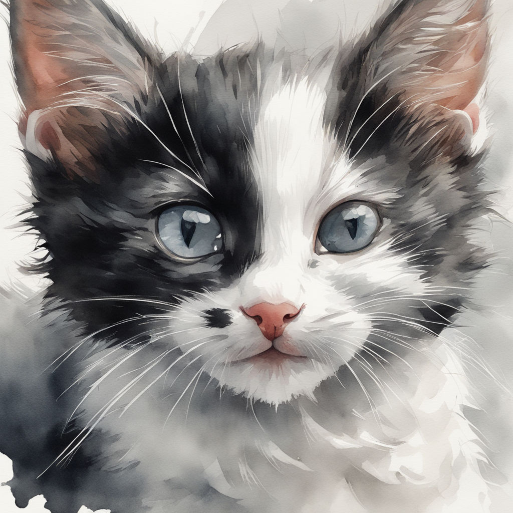 Cat 1. Fluffy Kitten. Black And White Watercolor Painting Stock