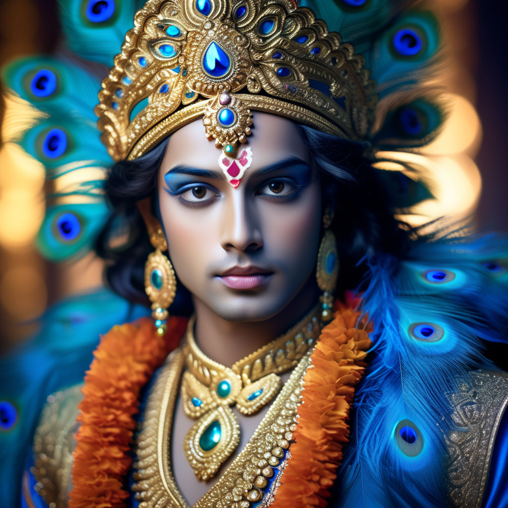 and he wears earrings that hang down to his shoulders. Lord Krishna's body  is slender and toned