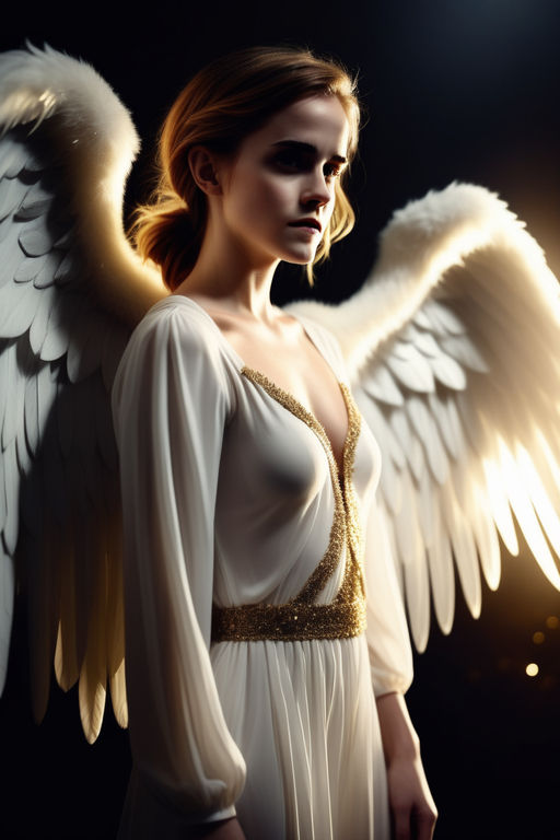 Prompt: fashion shot, Emma Watson as a beautiful white angel, standing in moonlight, dark, golden lights, like Christmas melancholy art style, fashion photographer, modelcore, cinematic lights