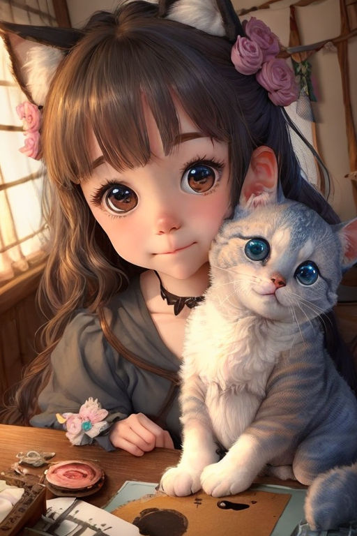 anime girl holding cat