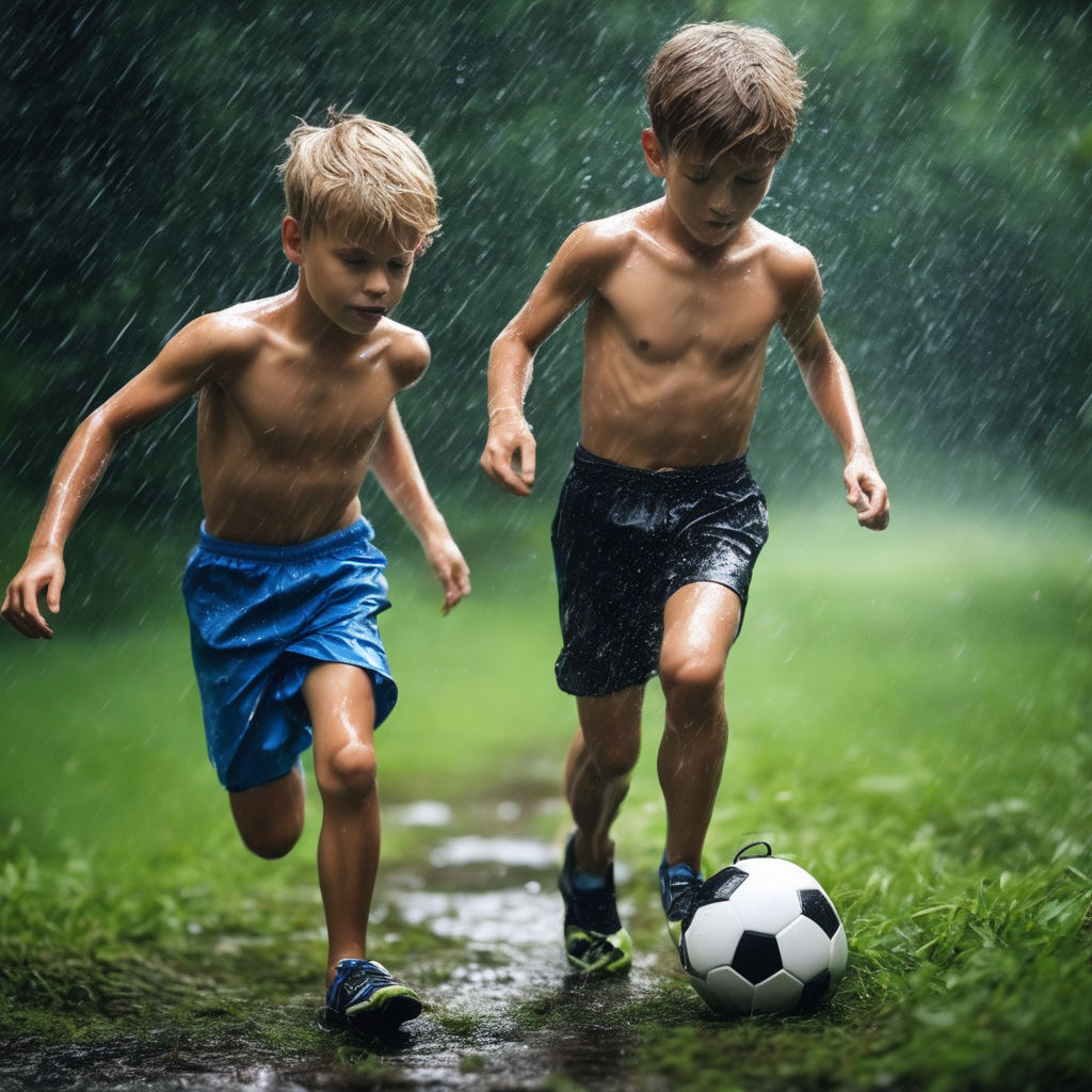 kids playing soccer in the rain