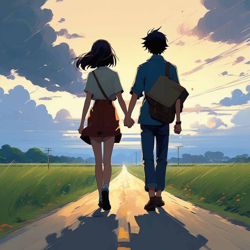 anime holding hands and walking