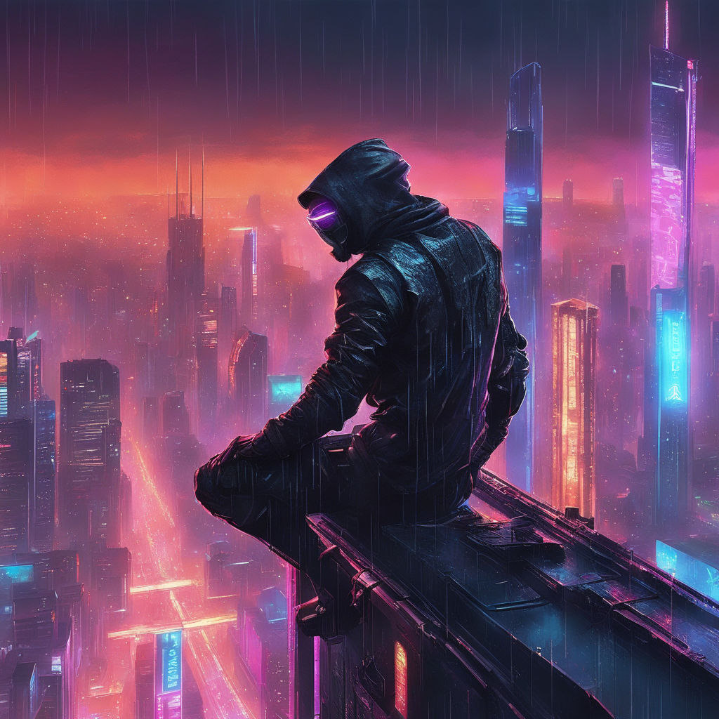 Samurai overlooking a neon-lit cyberpunk city