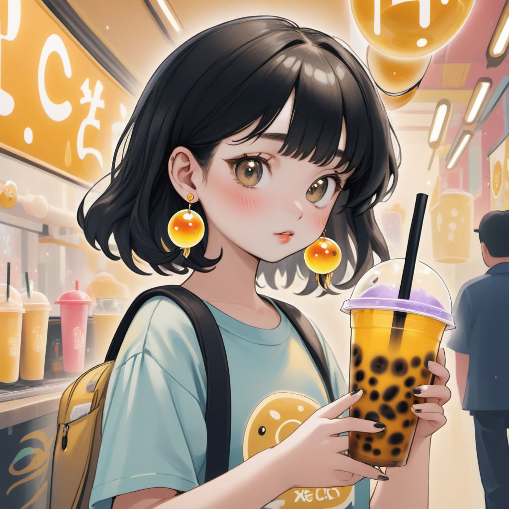 Kawaii anime girl with long wavy pink hair holding boba tea