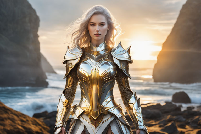 fantasy, sensual woman with Legendary Chest armor full-body shot