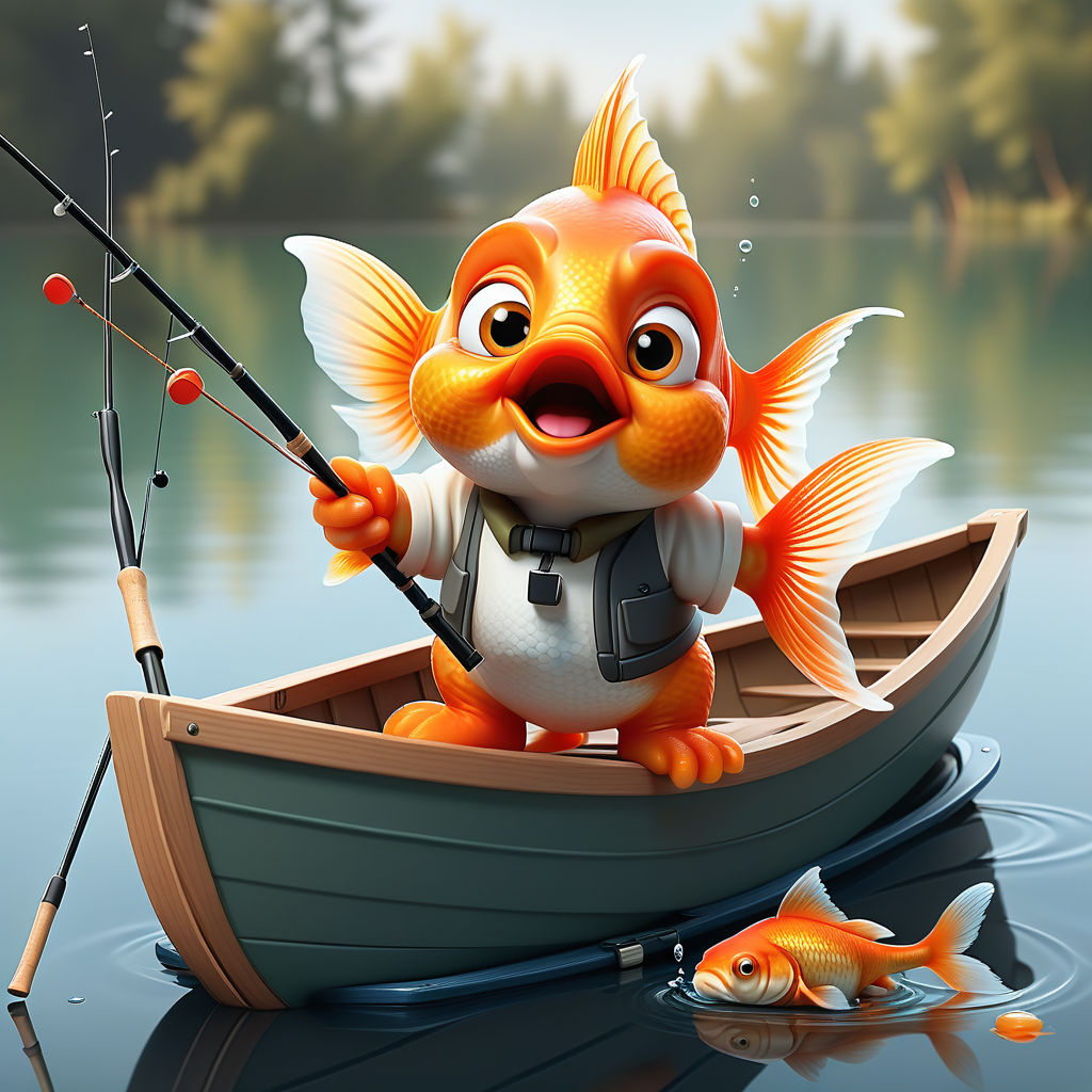 Canvas Print Cute fish holding fishing rod 