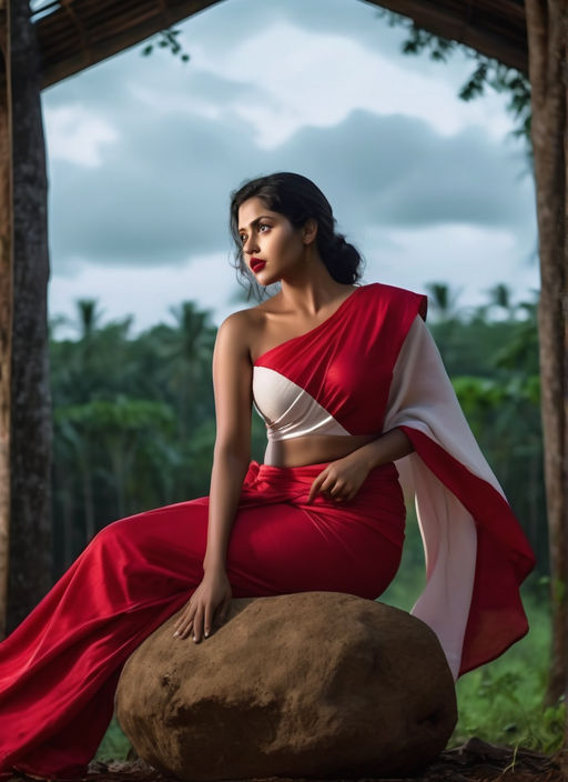 Sultry plus size well endowed full figured size 44 Bengali woman in  transparent red chiffon saree deep cuts sleeveless halter bustier wide deep  neck blouse size 44 in front of blackboard. - Playground