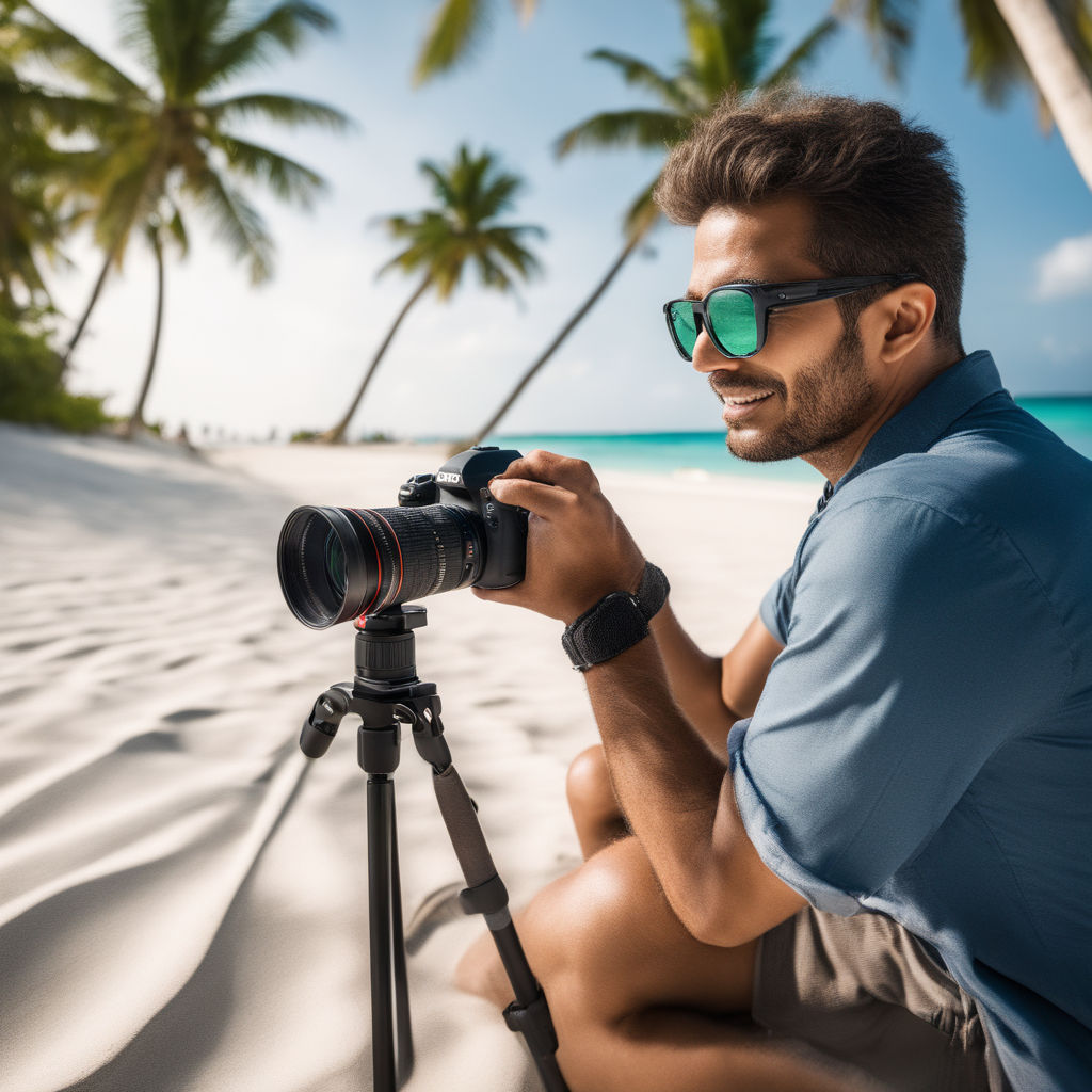 Generate a selfie Top model on a beach. She is wearing sunglasses