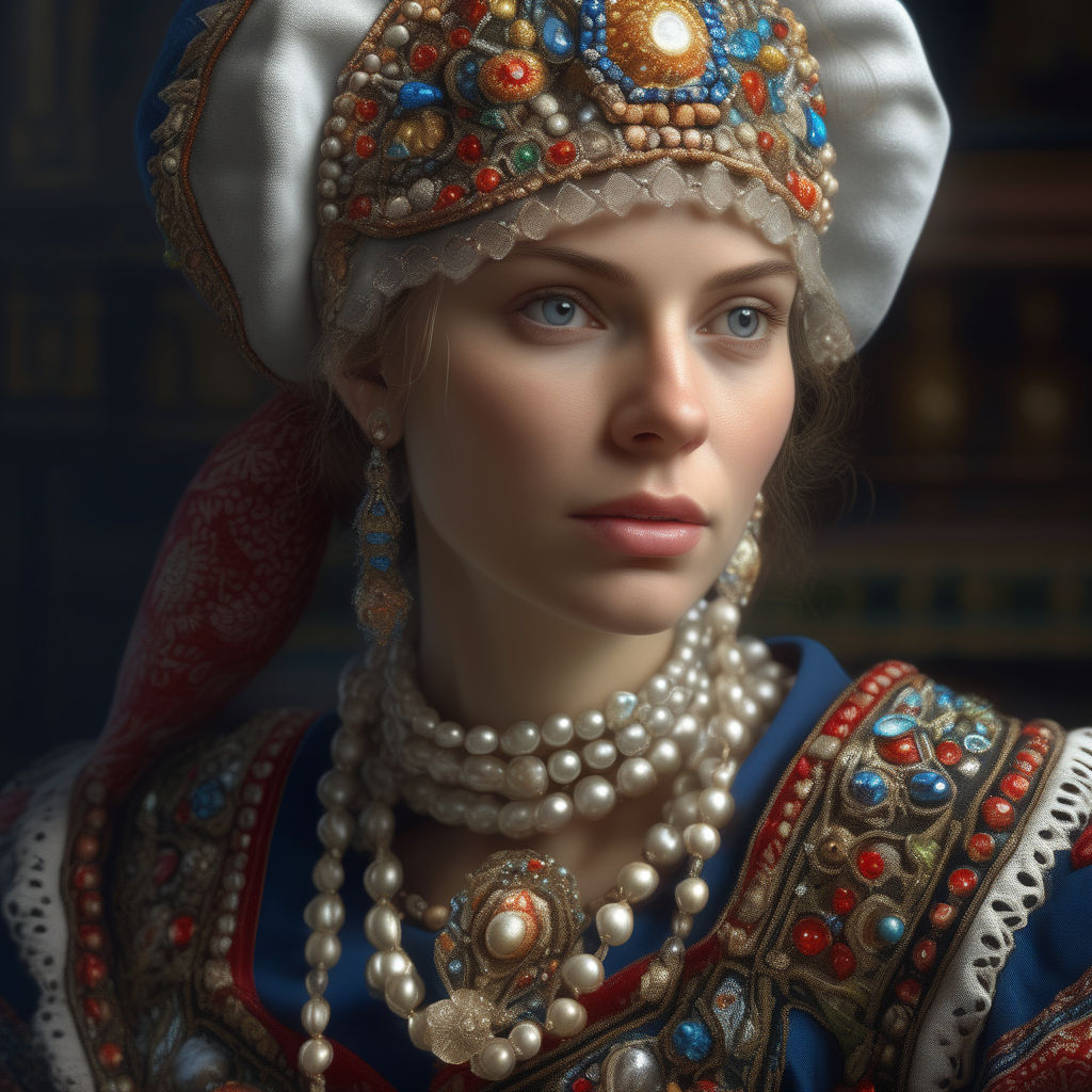 Traditional Russian folk costume, portrait of a young beautiful