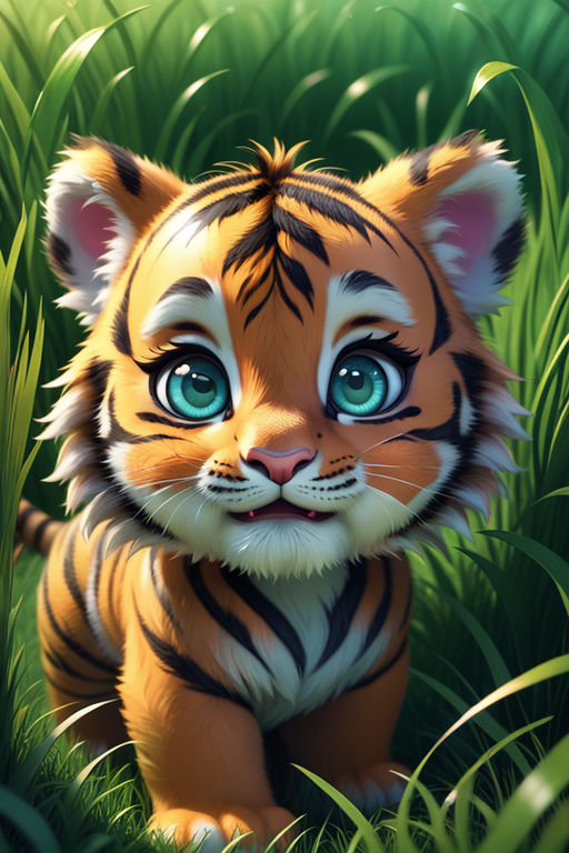 adorable cutie baby tiger with huge eyes acrtoon, hyperealistic, kawaii,  watercolor, savanah background - AI Generated Artwork - NightCafe Creator