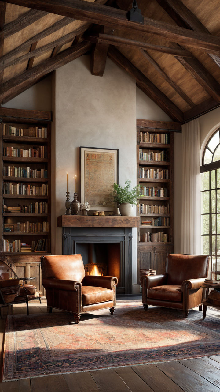 A cozy and inviting home library with floor-to-ceiling bookshelves, a  comfortable reading nook, and soft lighting, creating a haven for book  lovers and intellectuals, Traditional English interior desi Stock  Illustration