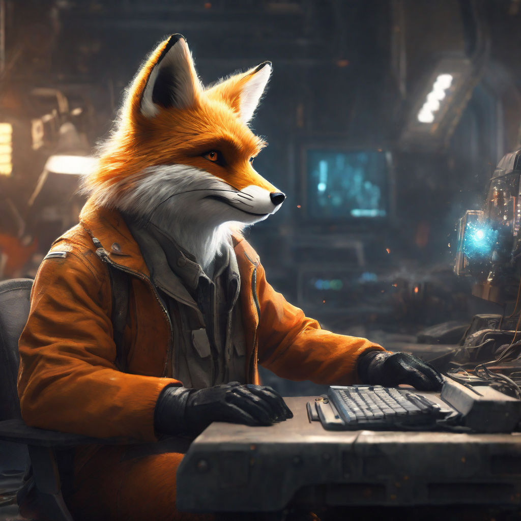 A 4K ultra hd wallpaper of a fox dressed in a computer programmer's outfit,  sitting at a desk with multiple screens and coding with expertise,  portraying a tech-savvy software developer