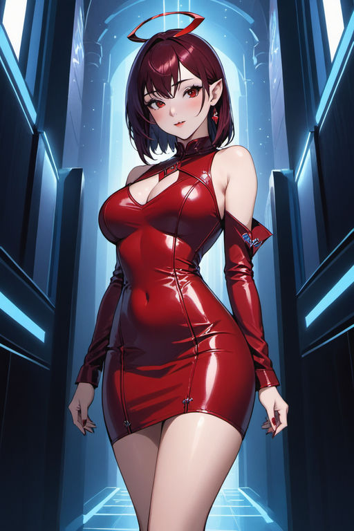 Anime girl with huge breasts wearing a low cut red dress - Playground