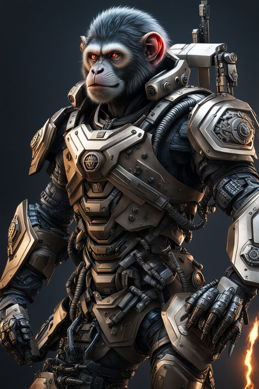 Humanoid angry muscular monkey wearing futuristic body armor suit