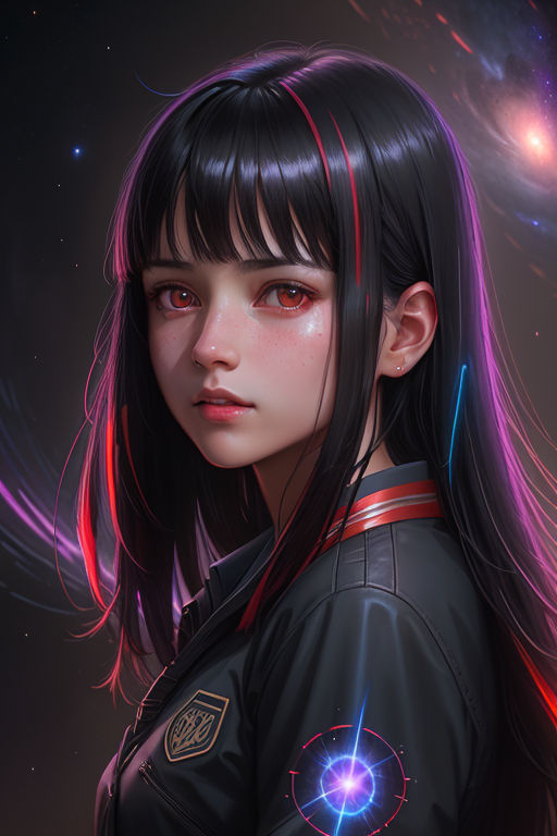 Beautiful anime girl with black hair and red eyes