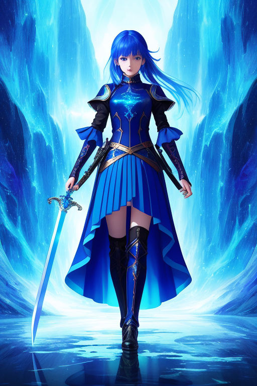 blue haired anime girl with sword