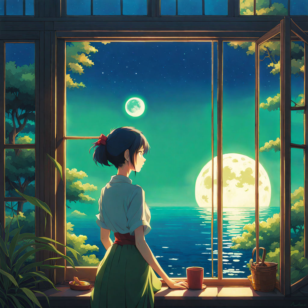 Anime girl stargazing. Cute girl looking at the night sky. Atmospheric,  moody feeling. Manga, lofi style. Sad beautiful background. 4K night. With  clouds and stars. Stock Illustration