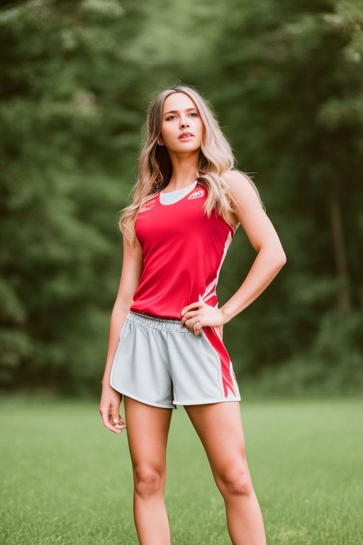 Beautiful young athlete Caucasian woman with big breasts in red T-shirt and  short shorts jogging, running in the stadium with red rubber coating Stock  Photo