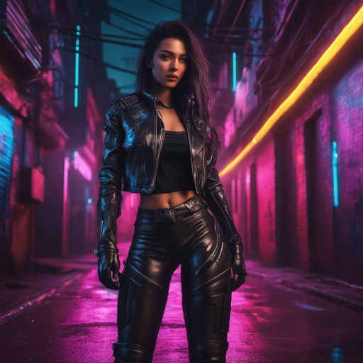 Premium Photo  Cyberpunk woman futuristic portrait urban fashion  mysterious girl in face bandana buff mask black leather jacket in red  purple neon light color steam white led glow at dark night