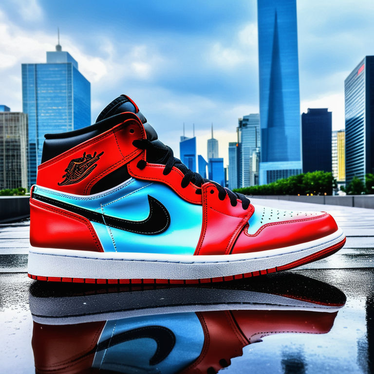 and Red Air Jordan 1 sneakers. - Playground