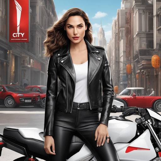 Prompt: photorealistic, best quality, hyper detailed, perfect eyes, fantastic face, caucasian, beautiful look, Gal Gadot, detailed, she wear a white t-shirt, a black leather jeans and a sport black, red amd white leather jaket, she stand centered before a motorbike, (((updo hair))), city background, elegant, sharp focus, photo by greg rutkowski, soft day light, vibrant colors, (masterpiece), ((streets)), (detailed face)+, eye iris, Miki Asai Macro photography, close-up, hyper detailed, trending on artstation, sharp focus, studio photo, intricate details, highly detailed, by greg rutkowski, Miki Asai Macro photography, close-up, hyper detailed, trending on artstation, sharp focus, studio photo, intricate details, highly detailed, by greg rutkowski, ultra hd, realistic, vivid colors, highly detailed, UHD drawing, pen and ink, perfect composition, beautiful detailed intricate insanely detailed octane render trending on artstation, 8k artistic photography, photorealistic concept art, soft natural volumetric cinematic perfect light