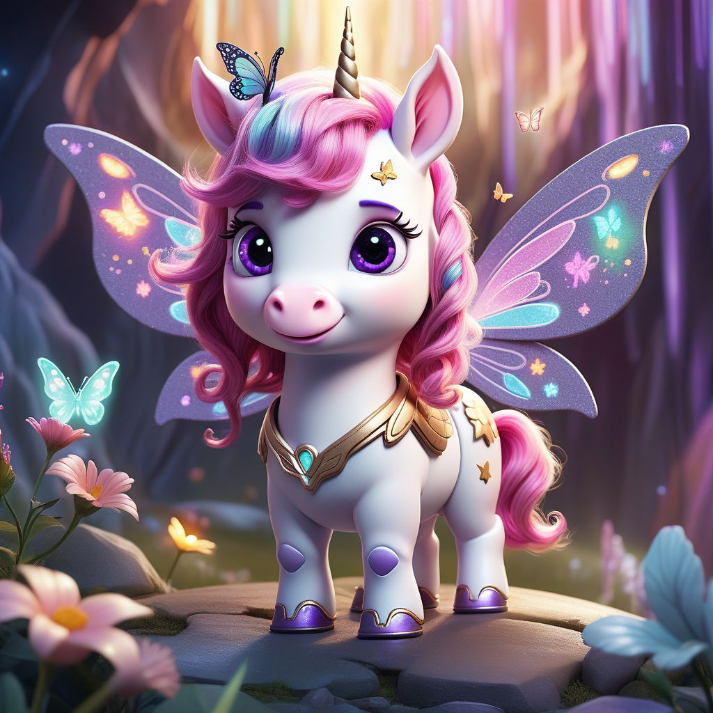 all in a soft pink and purple color palette. The unicorn has a kind  expression on its face. The environment is a dense forest with tall trees  - Playground